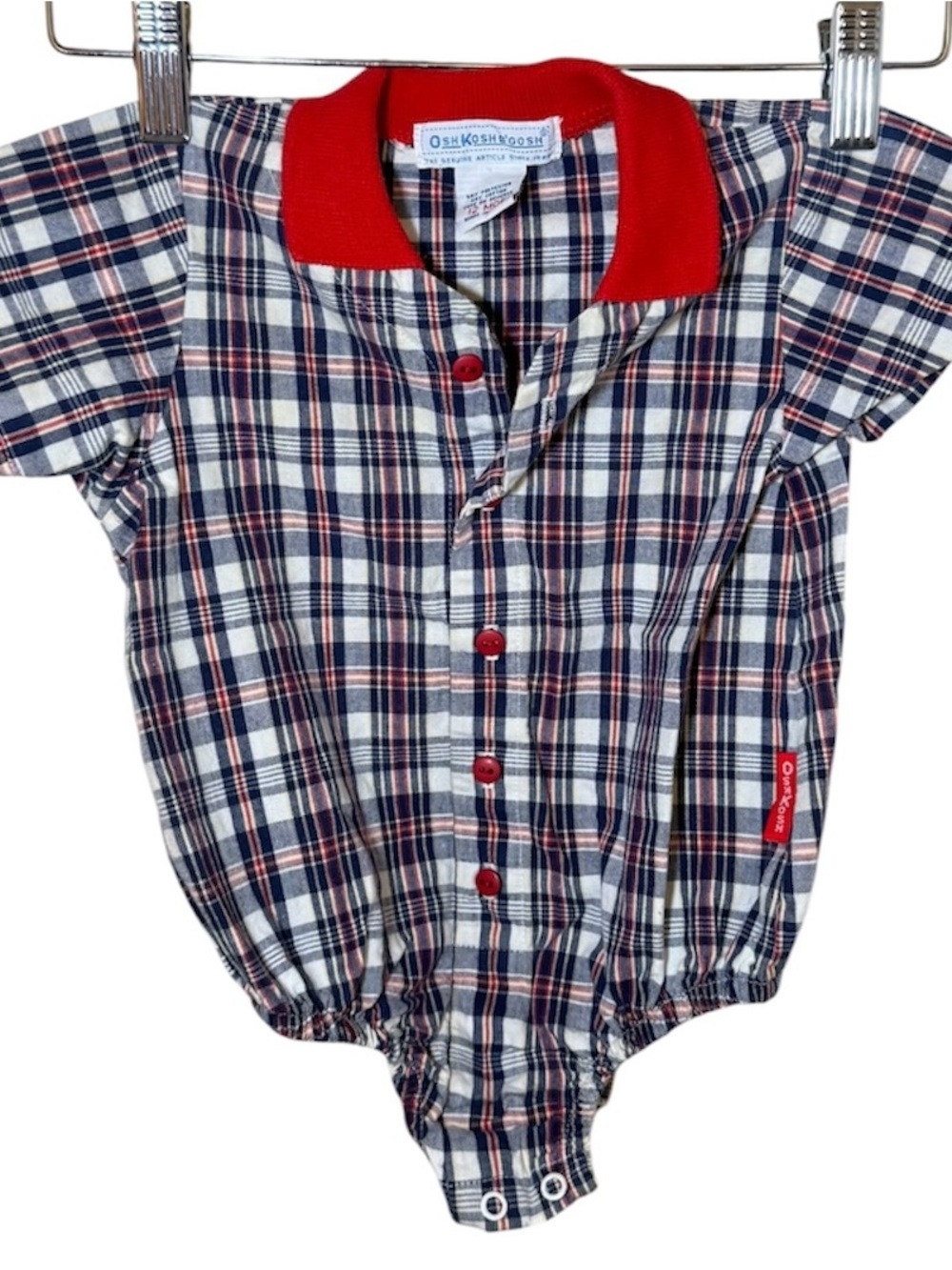 Vintage OshKosh BGosh Baby Boy Plaid Romper Bodysuit Red Collar Snap Crotch
